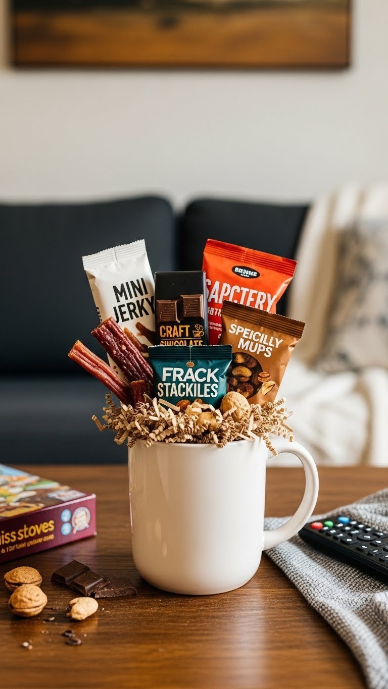 Casual coffee mug overflowing with gourmet snacks including jerky, chocolate bars, and nuts on rustic wooden table.