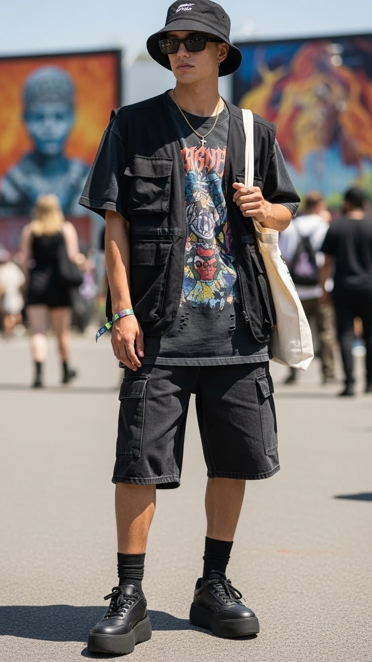 Casual person in layered black graphic tee and utility vest with denim shorts and platform sneakers at city festival