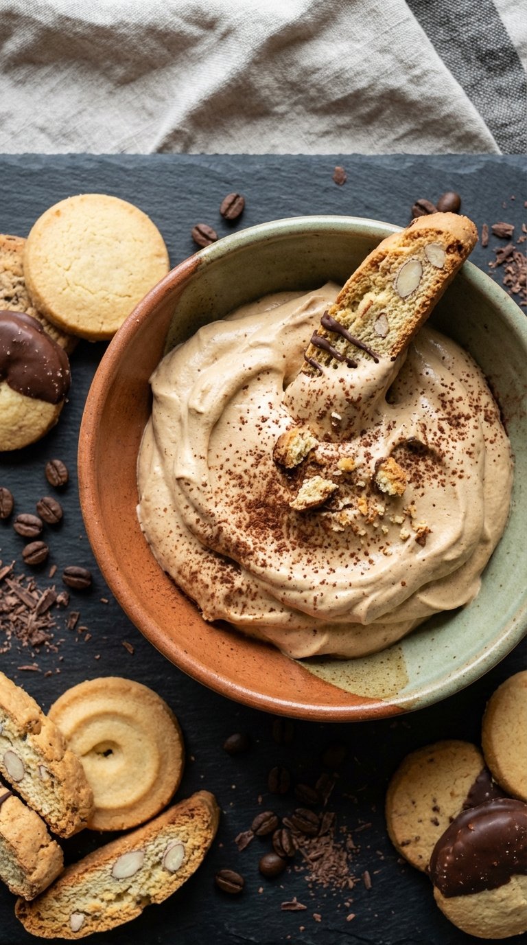 Whipped Coffee Mousse Easy Foolproof Recipe for Beginners 5 Ceramic bowl filled with whipped coffee mousse dip surrounded by biscotti cookies on dark slate surface