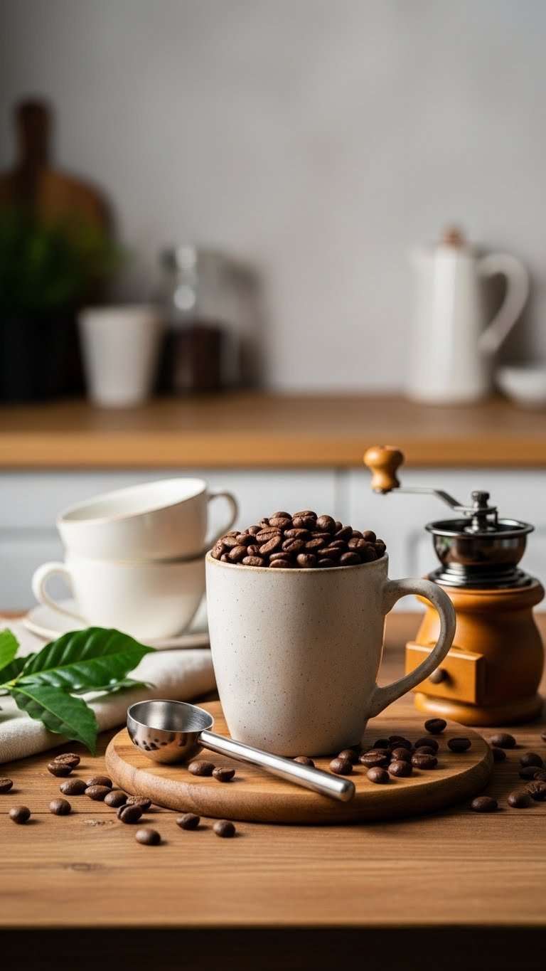 Ceramic coffee mug filled with gourmet beans, stainless steel scoop, and hand grinder on rustic wooden table with soft natural lighting.