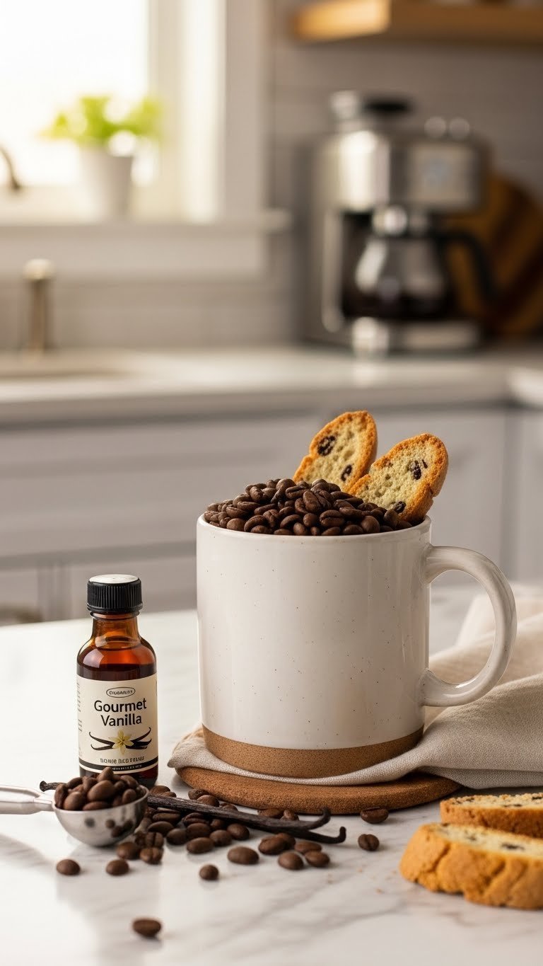 Ceramic coffee mug overflowing with whole roasted beans, vanilla syrup, and artisanal biscotti on marble countertop coffee lover gift