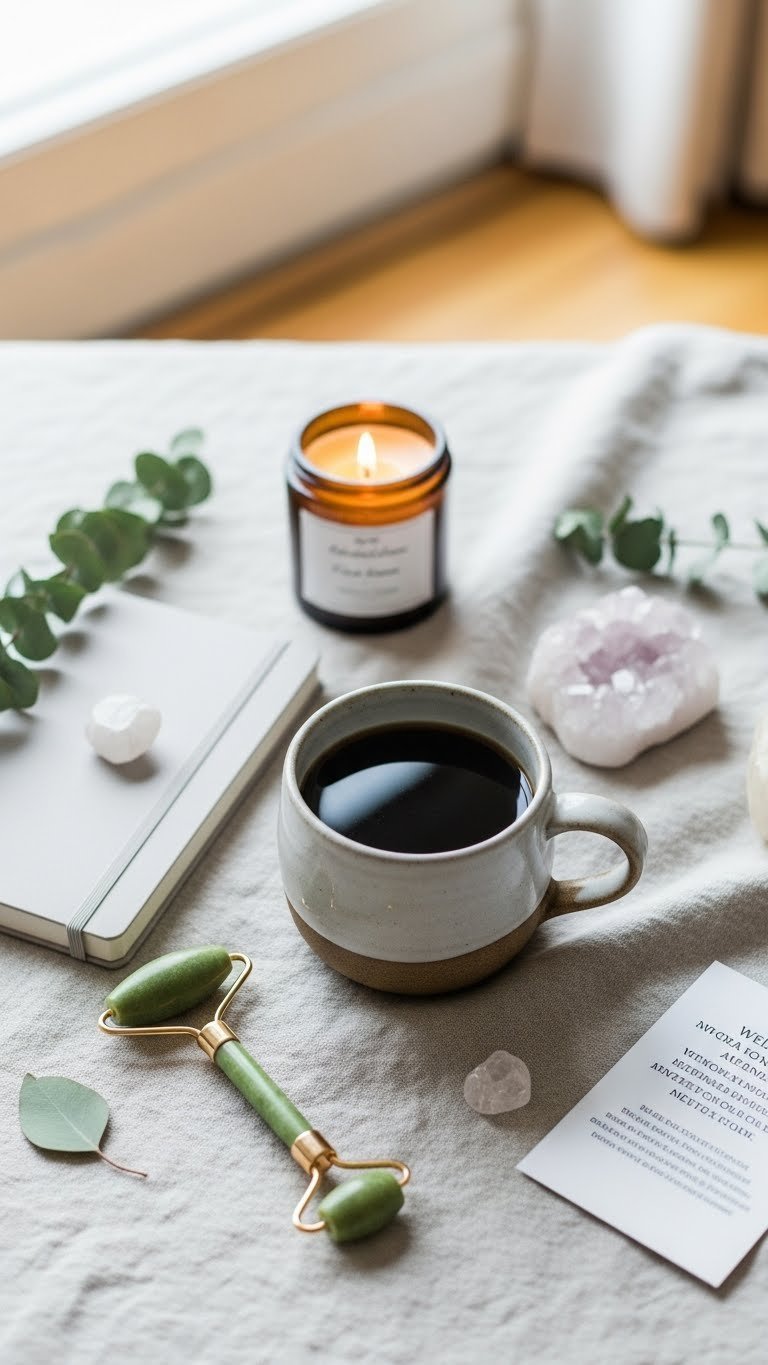 Ceramic coffee mug with aromatherapy candle and wellness items on linen cloth for self-care ritual
