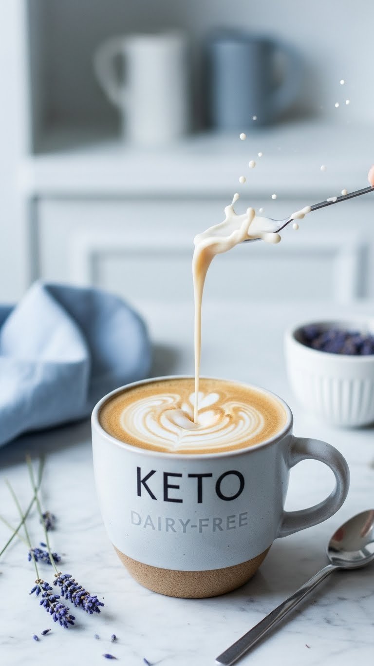 Ceramic mug of coffee with almond milk creamer marbling effect on marble countertop with dried lavender and spoon