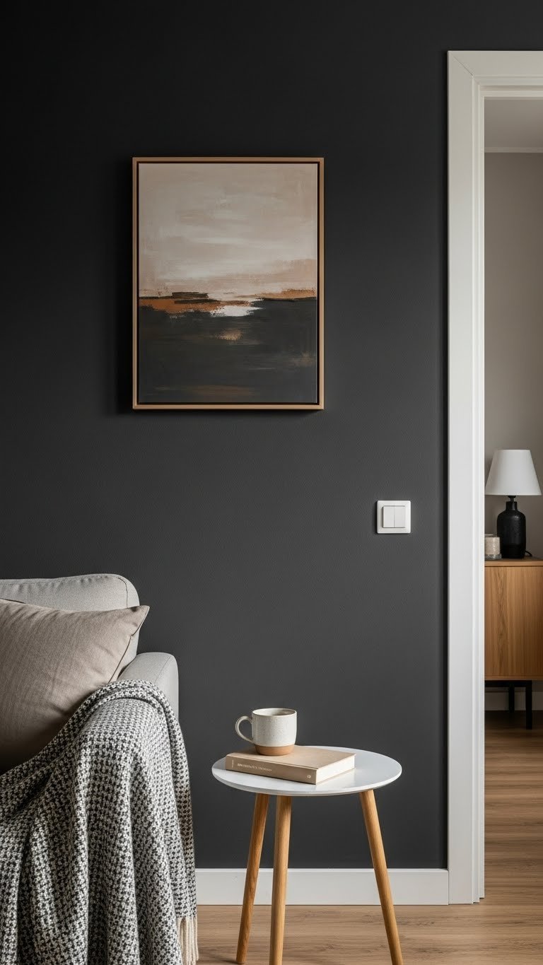 Charcoal gray living room wall with minimalist abstract art, side table with ceramic mug and book in soft natural lighting