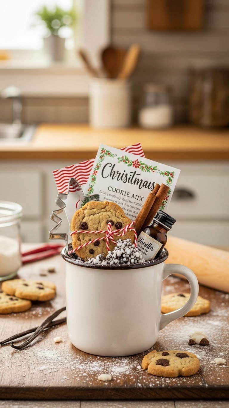Charming baking mug filled with cookie mix, decorative cutter, and vanilla extract on wooden surface