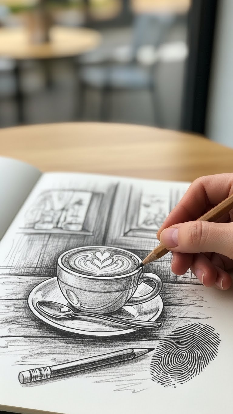 Charming pencil sketch coffee drawing with visible sketch lines on paper