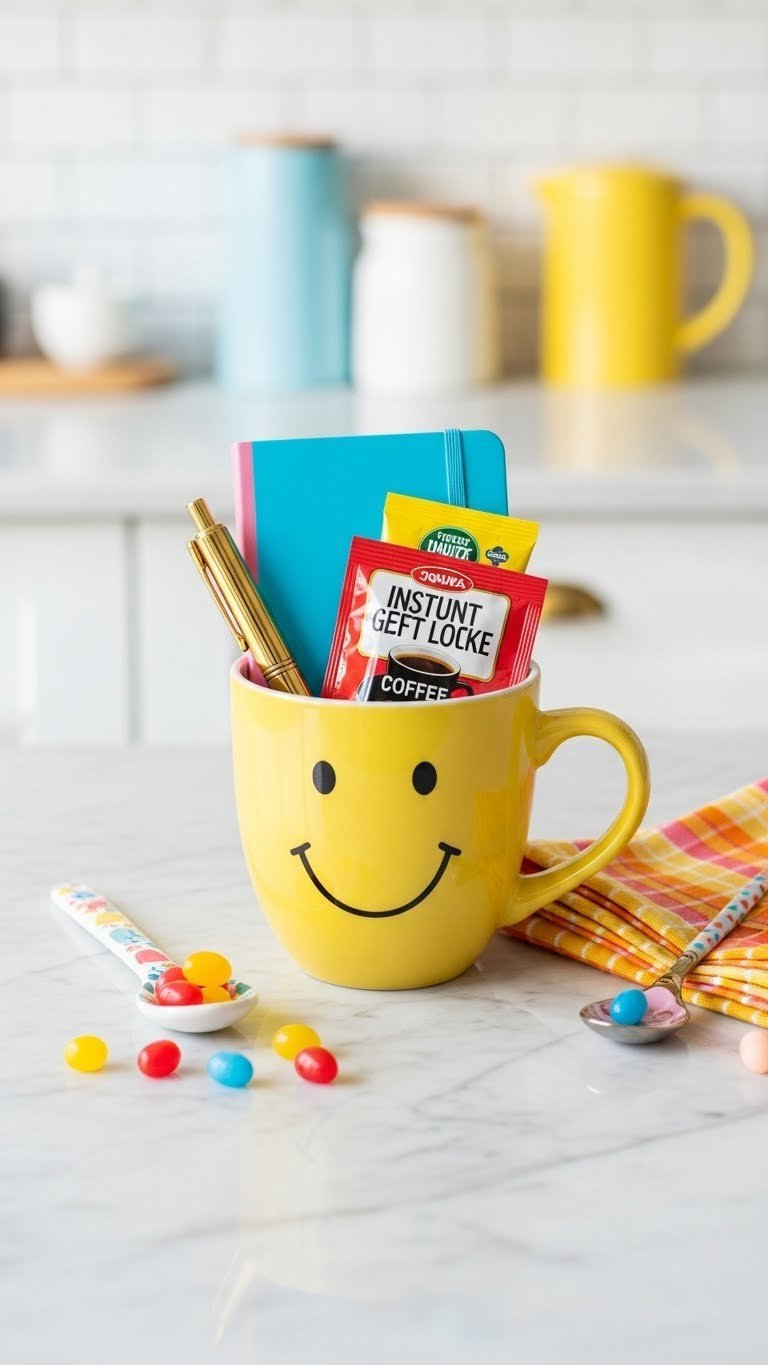 Cheerful ceramic mug quickly assembled with ready-to-grab items including mini notebook, stylish pen, and gourmet jelly beans