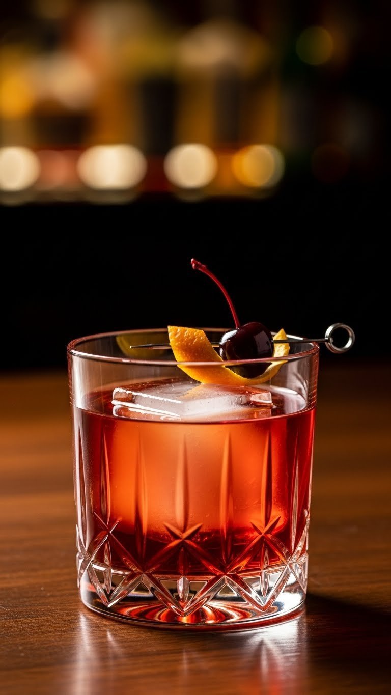 Cherry Vanilla Old Fashioned cocktail in crystal rocks glass with large ice cube and orange peel garnish on dark wood