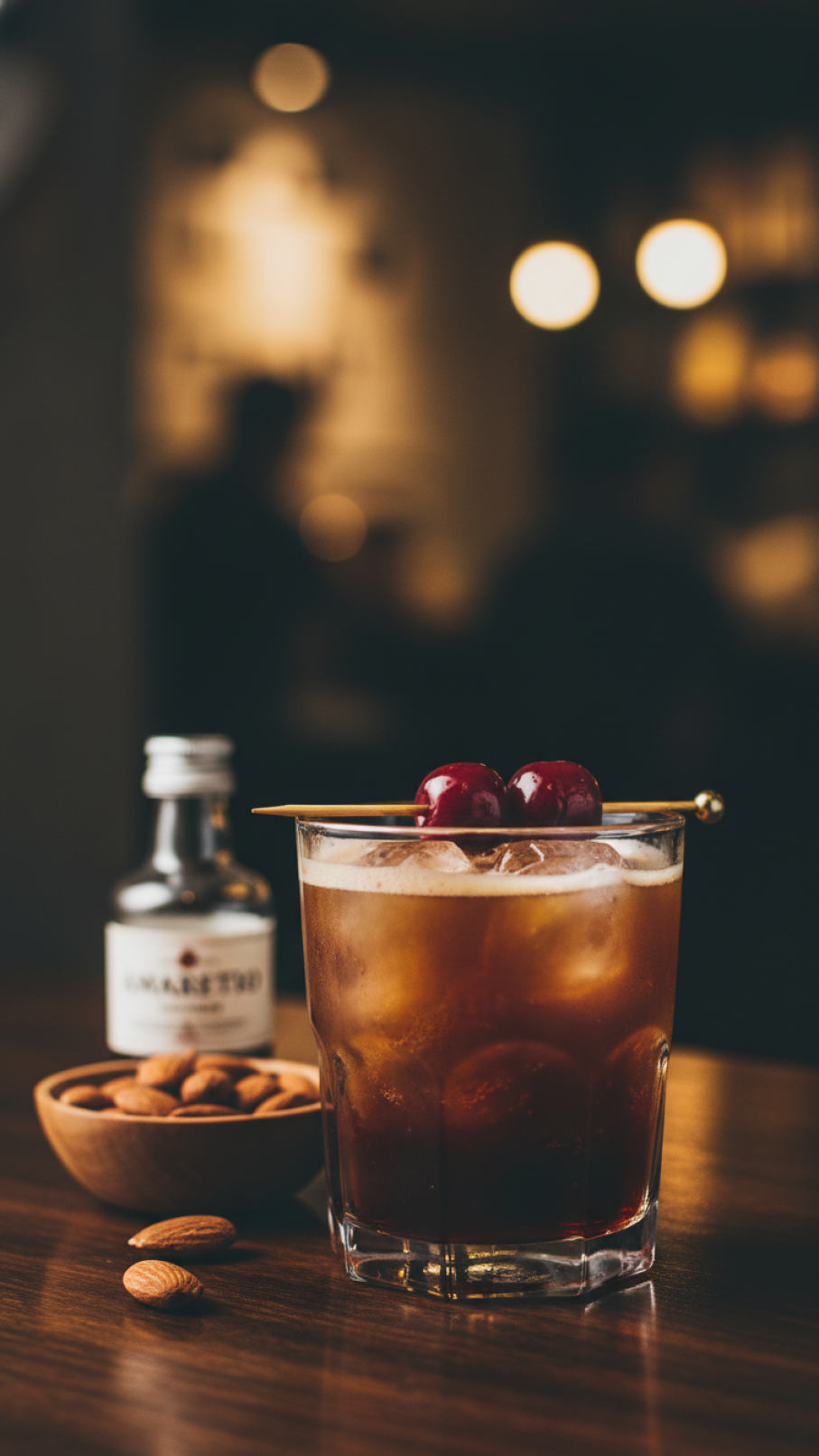 Cherry and almond espresso tonic garnished with maraschino cherries on cocktail pick resting on dark wood