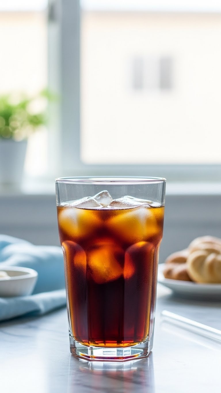 Chilled glass of Japanese iced coffee with clear ice cubes in elegant glass on marble countertop