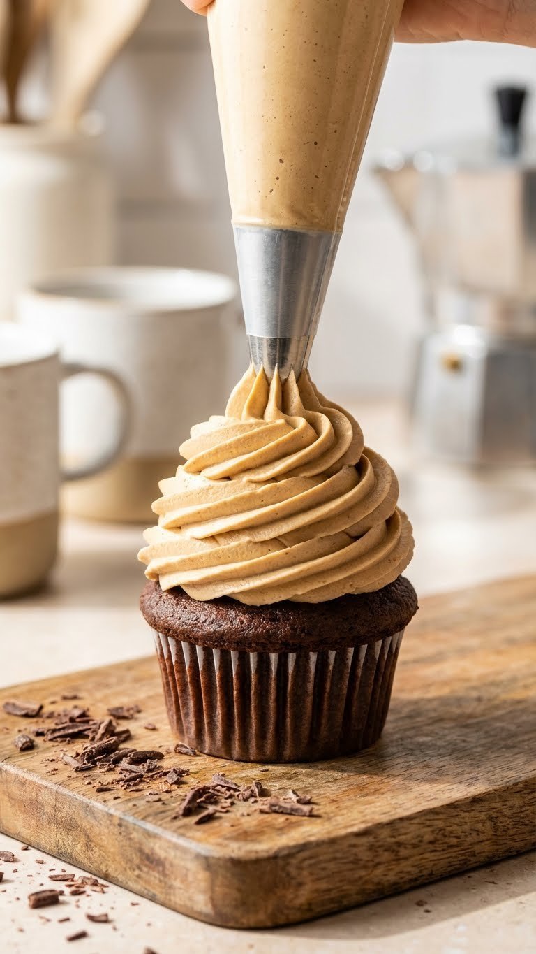 Chocolate cupcake being frosted with perfect swirl of coffee whipped cream from pastry bag