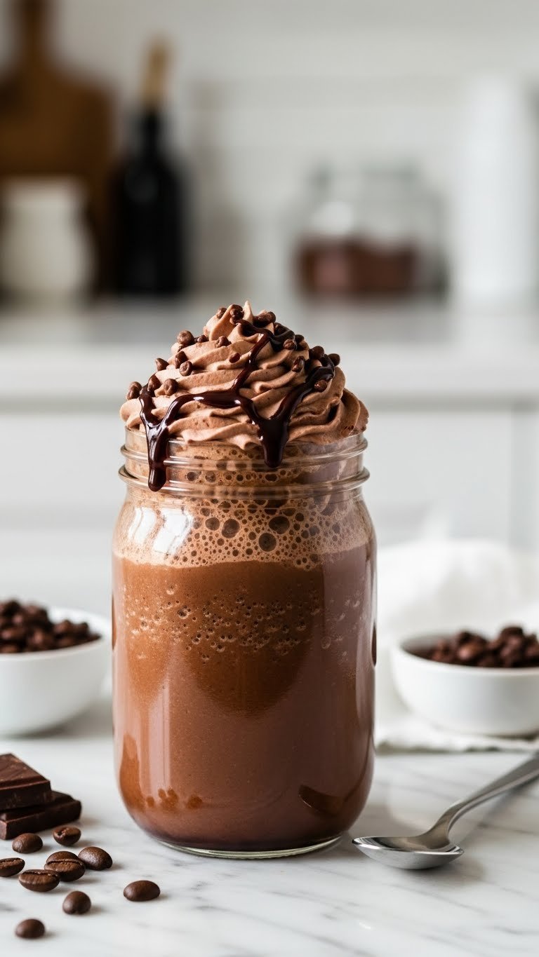 Chocolate mocha protein frappe with sugar-free whipped cream and syrup on a marble countertop, for healthy indulgence.
