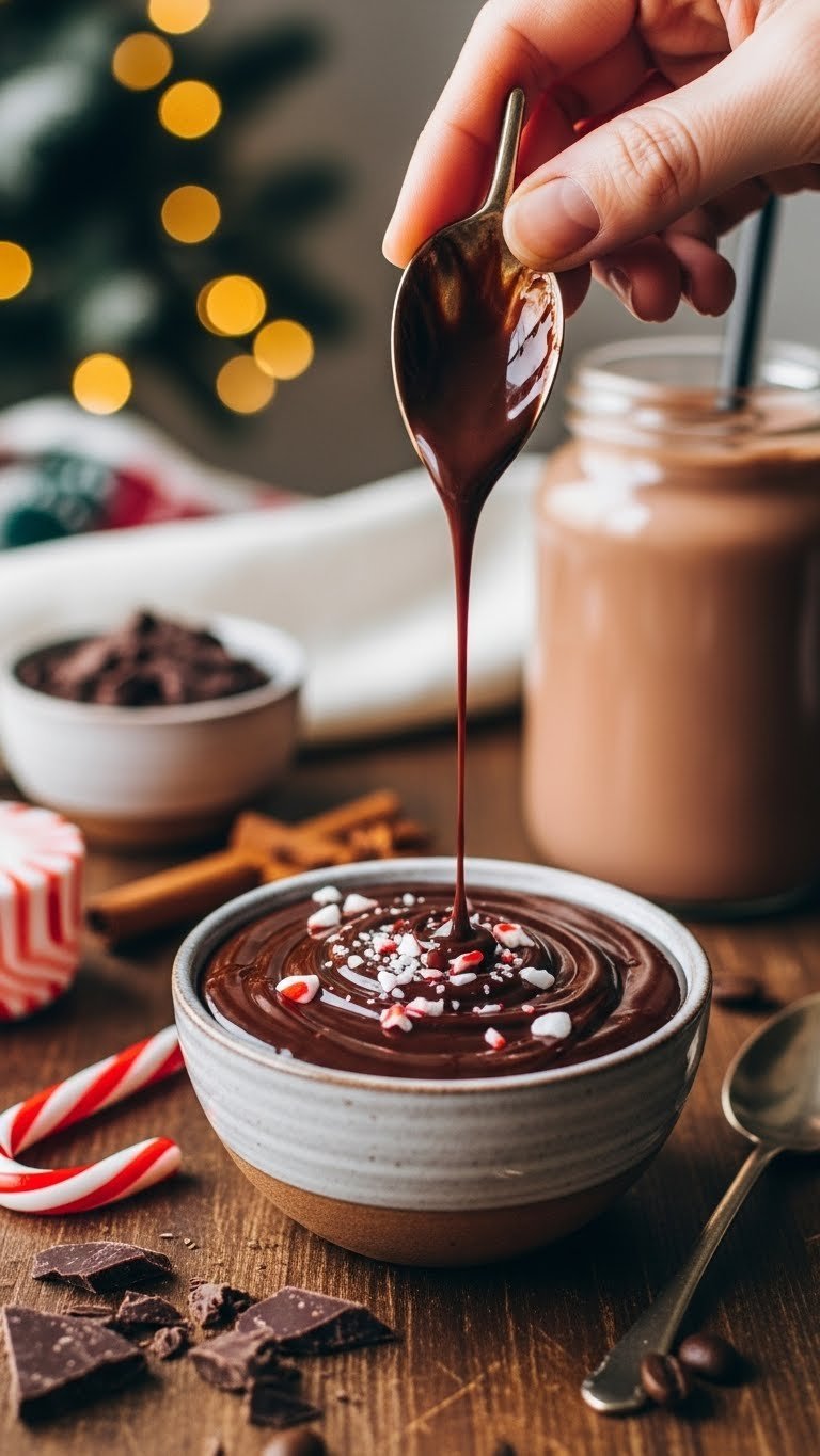 Chocolate peppermint mocha syrup swirled in rustic ceramic bowl with crushed candy cane specks on surface