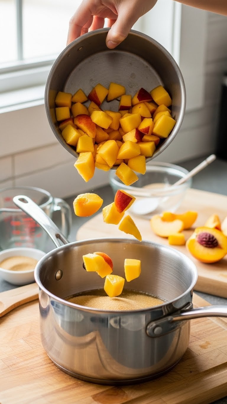 Chopped peach pieces falling into stainless steel saucepan with sugar and water during coffee syrup preparation