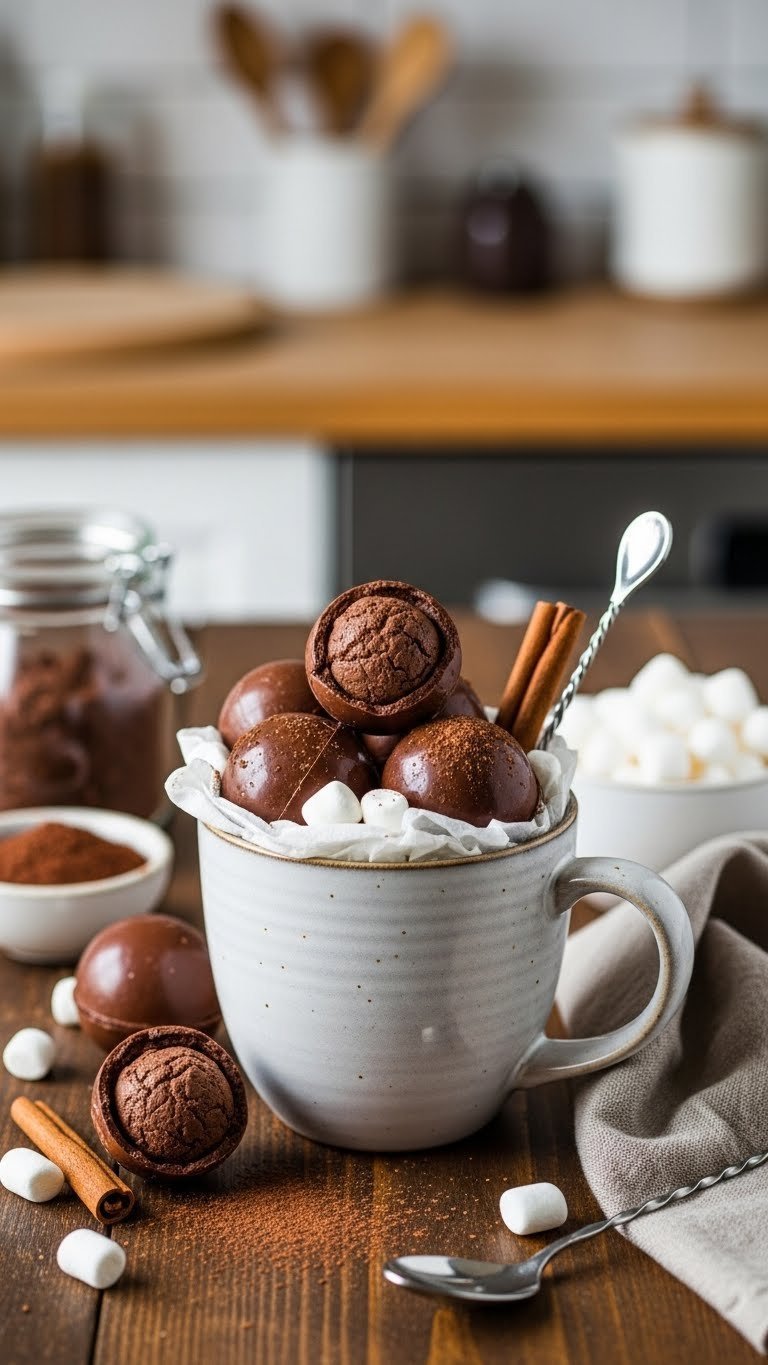 Chunky ceramic mug containing artisan hot chocolate bombs, mini marshmallows, and stirring spoon on rustic table