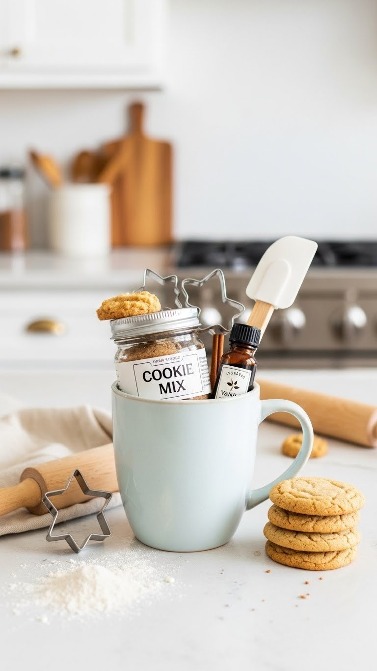 Chunky stoneware baking mug featuring cookie mix jar, mini spatula, and fall-shaped cookie cutters on kitchen counter.