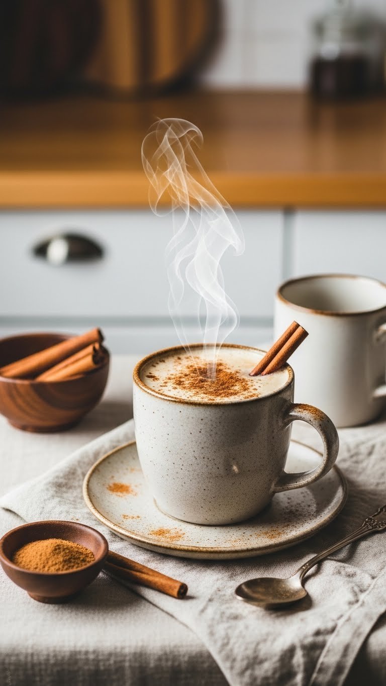 Cinnamon black coffee in ceramic mug with cinnamon stick garnish on linen tablecloth