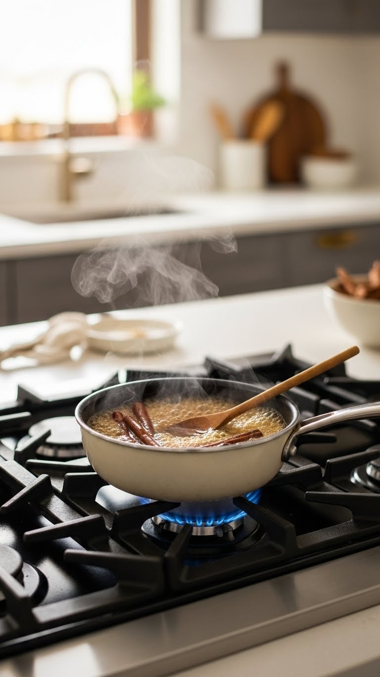 Cinnamon dolce syrup simmering in saucepan on modern gas stovetop with cinnamon sticks and gentle steam