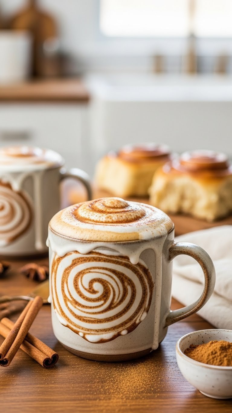 Cinnamon roll flavored protein coffee in rustic ceramic mug with cinnamon swirl and frothy cap resembling icing