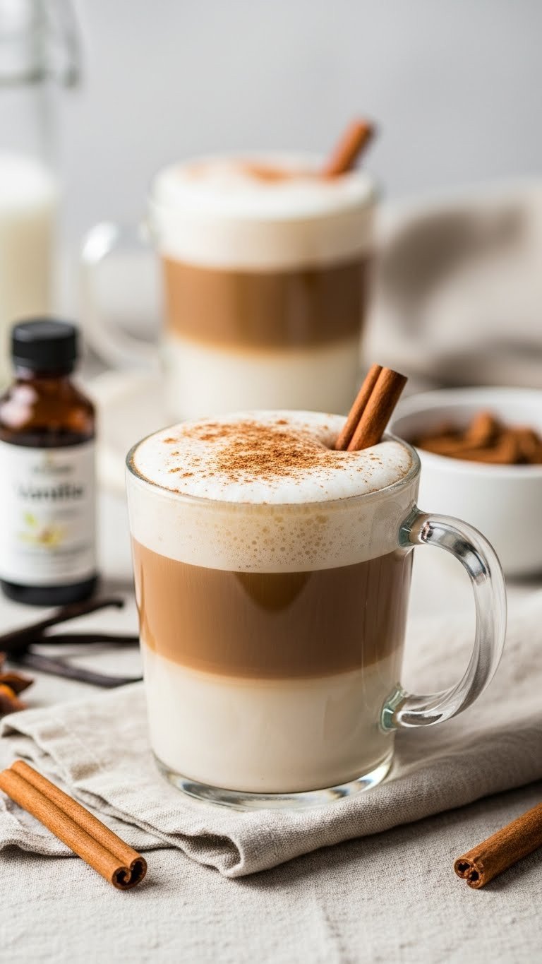5 Creamy Low Calorie Protein Coffee Recipes For Weight Loss 3 Cinnamon roll protein latte in a clear glass mug with cinnamon stick, vanilla extract and scattered cinnamon bark