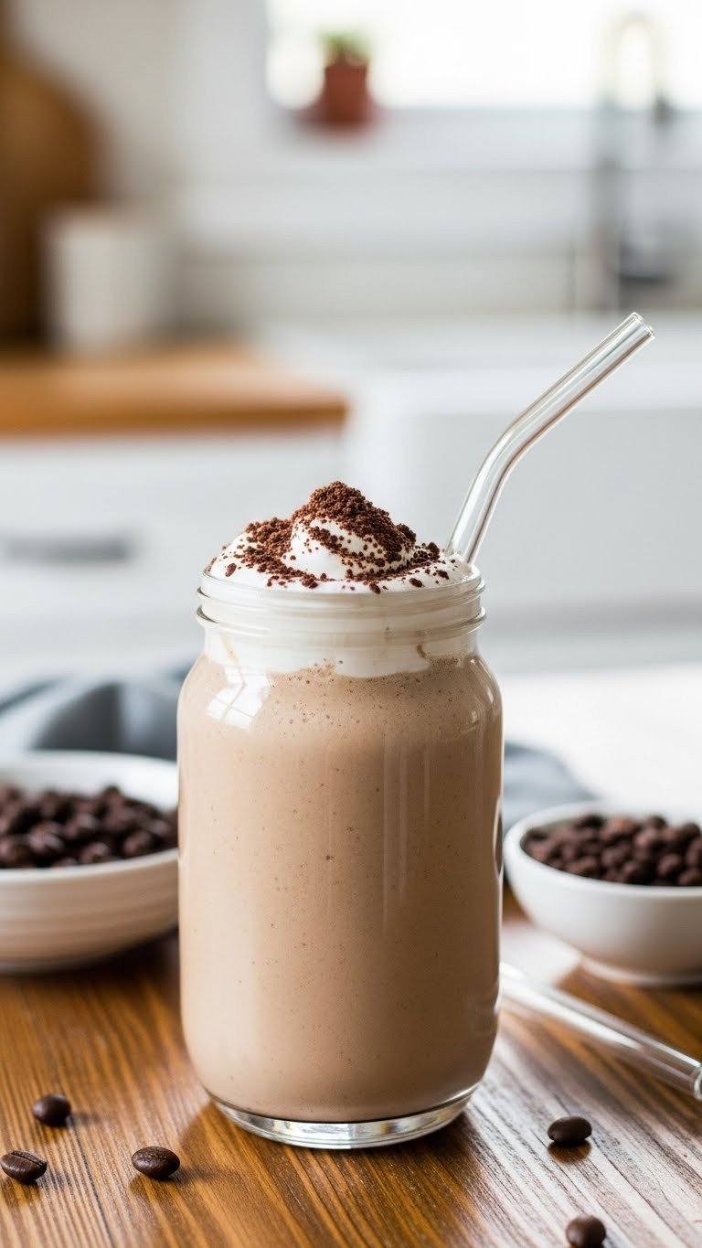 7 Arbonne Protein Coffee Recipes That Actually Taste Good 1 Classic Arbonne coffee protein shake in a glass on a rustic wooden table