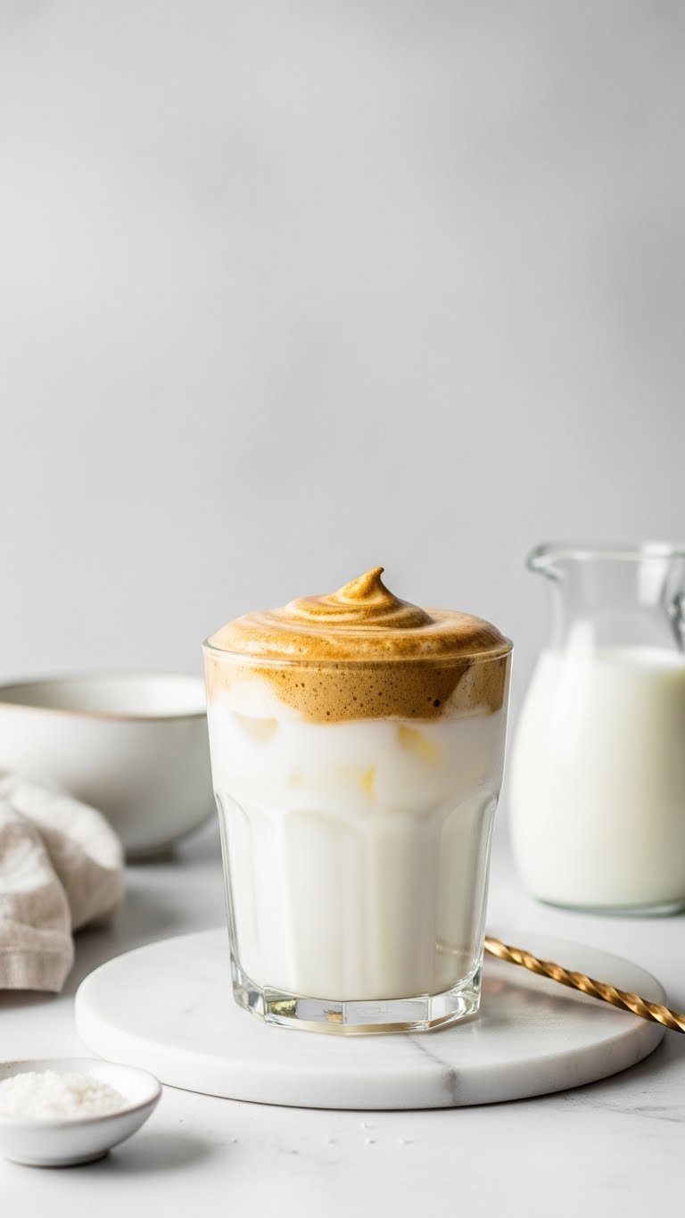 Whipped Coffee Cocktail Recipe With Proven Fluffy Texture 13 Classic Dalgona coffee in minimalist glass tumbler showing perfect milk and coffee separation on white marble surface