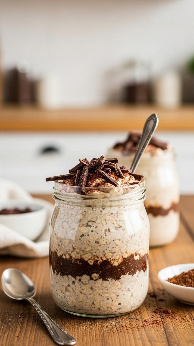 Classic Mocha Protein Coffee Overnight Oats in glass jar, topped with dark chocolate curls & cocoa powder. Creamy layers, rustic table, warm golden light.