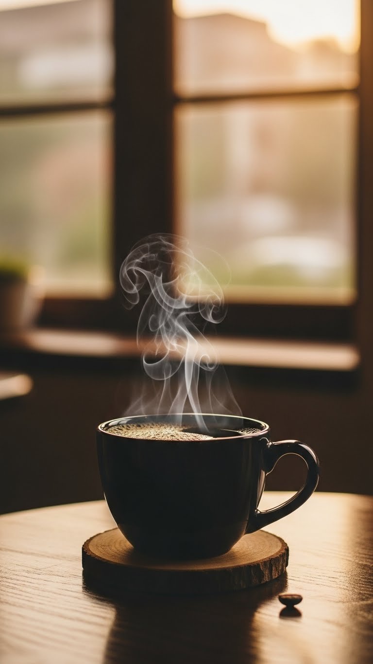 Classic coffee mug with rising steam against rustic wooden background