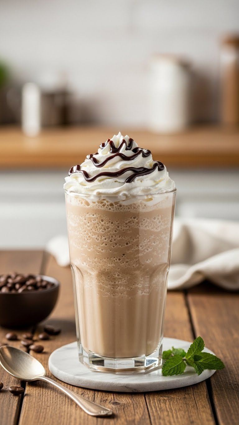 Classic creamy coffee frappe in tall glass topped with whipped cream and chocolate drizzle on rustic wooden table