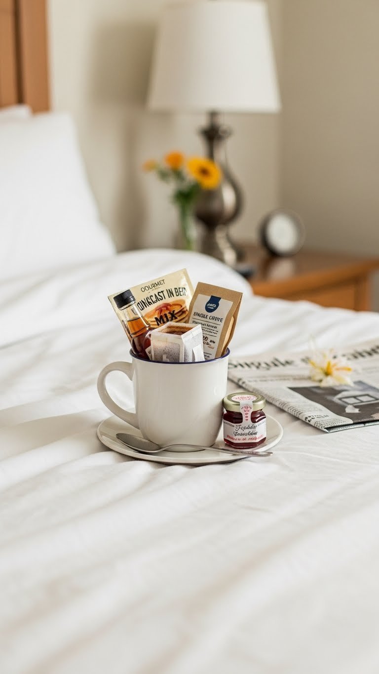Classic diner-style coffee mug with gourmet pancake mix, maple syrup, fruit jam, and coffee bag on white linen