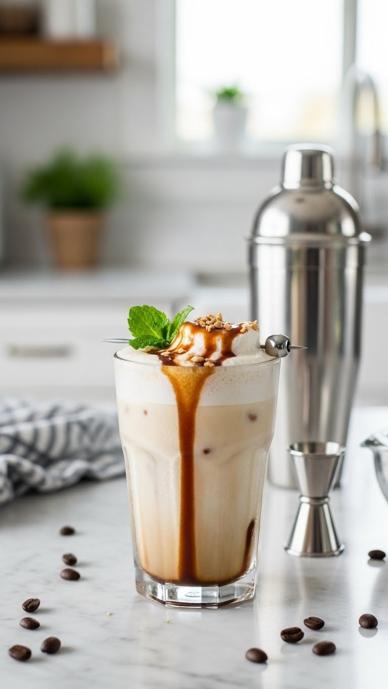 5 Simple Ghost Protein Coffee Recipes You Have to Try 1 Classic iced proffee in a glass on a marble countertop