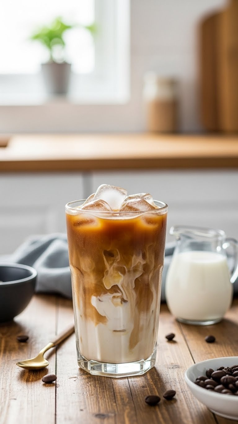 Deliciously Creamy Protein Coffee With Protein Powder 1 Classic iced vanilla proffee in a tall glass on a rustic wooden table