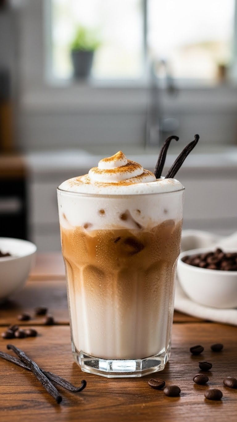 7 Best Orgain Protein Coffee Recipes To Boost Your Day 1 Classic iced vanilla protein latte in a glass on a rustic wooden table
