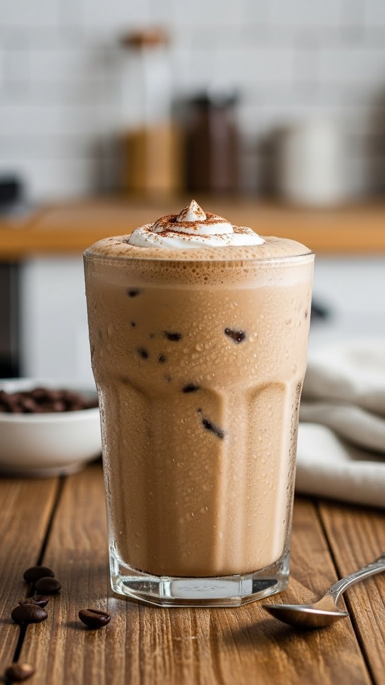 Classic keto coffee protein smoothie in sleek glass with whipped cream topping on rustic wooden table with coffee beans and spoon
