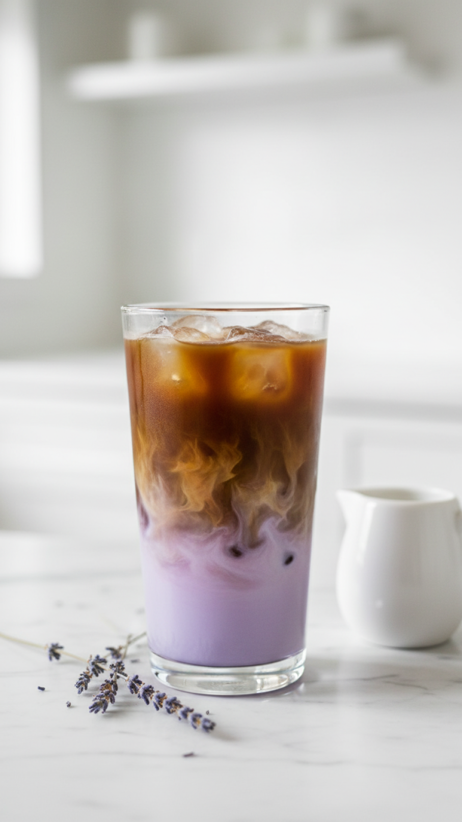 Classic lavender iced coffee in clear glass with ice and gradient layers on minimalist marble countertop