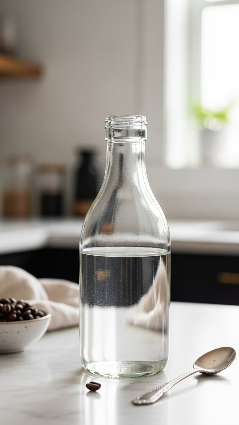 Classic simple syrup in elegant glass bottle with coffee bean on marble countertop in professional lifestyle photography
