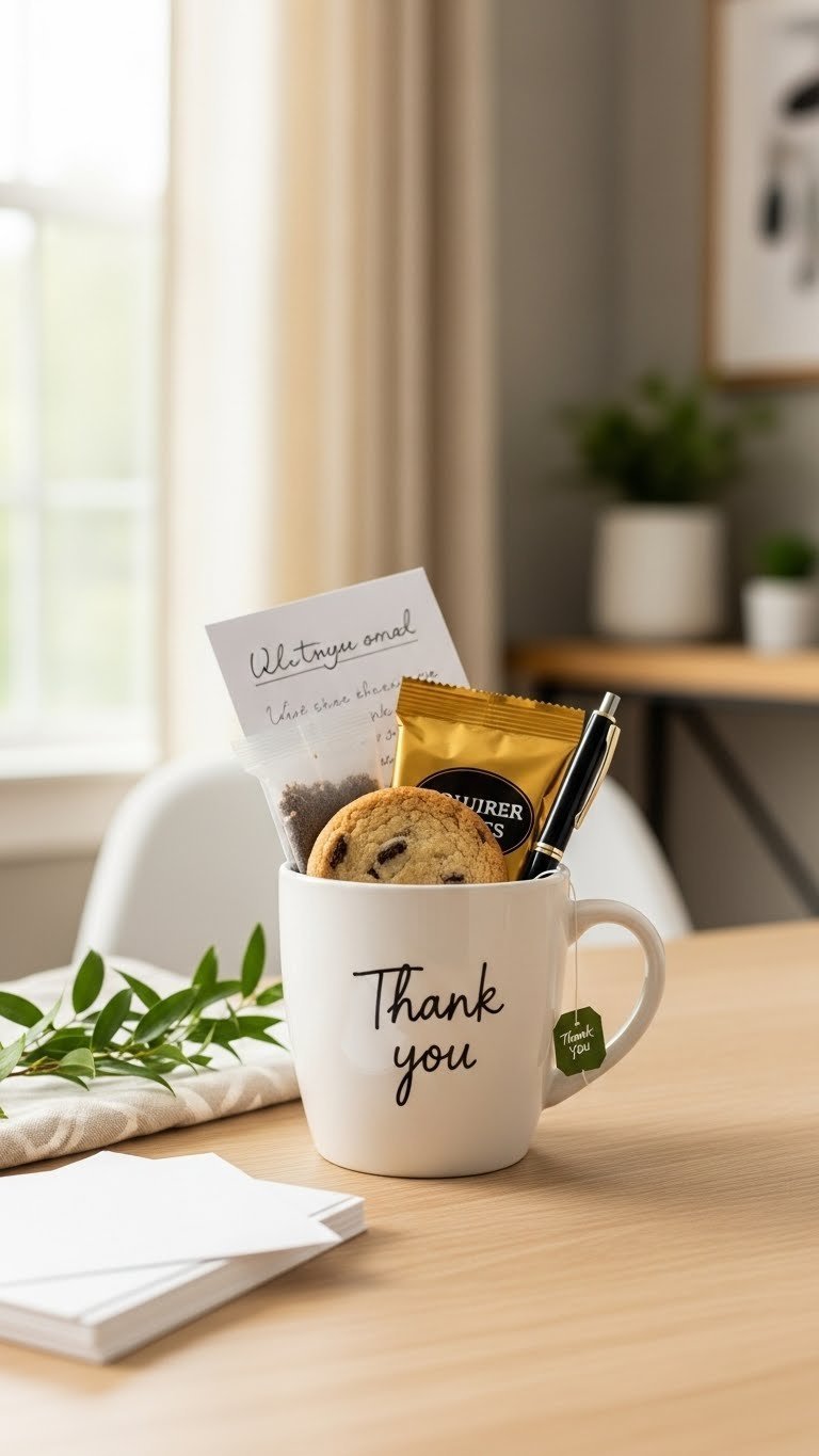 Classic thank you coffee mug with handwritten card and gourmet cookies on wooden desk