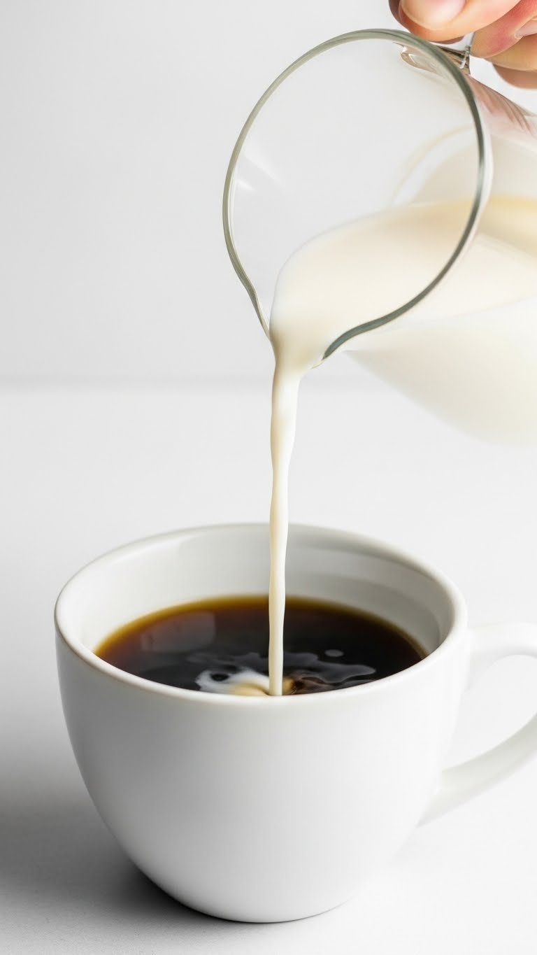 Classic unsweetened keto creamer poured from glass pitcher into minimalist white coffee cup blending smoothly