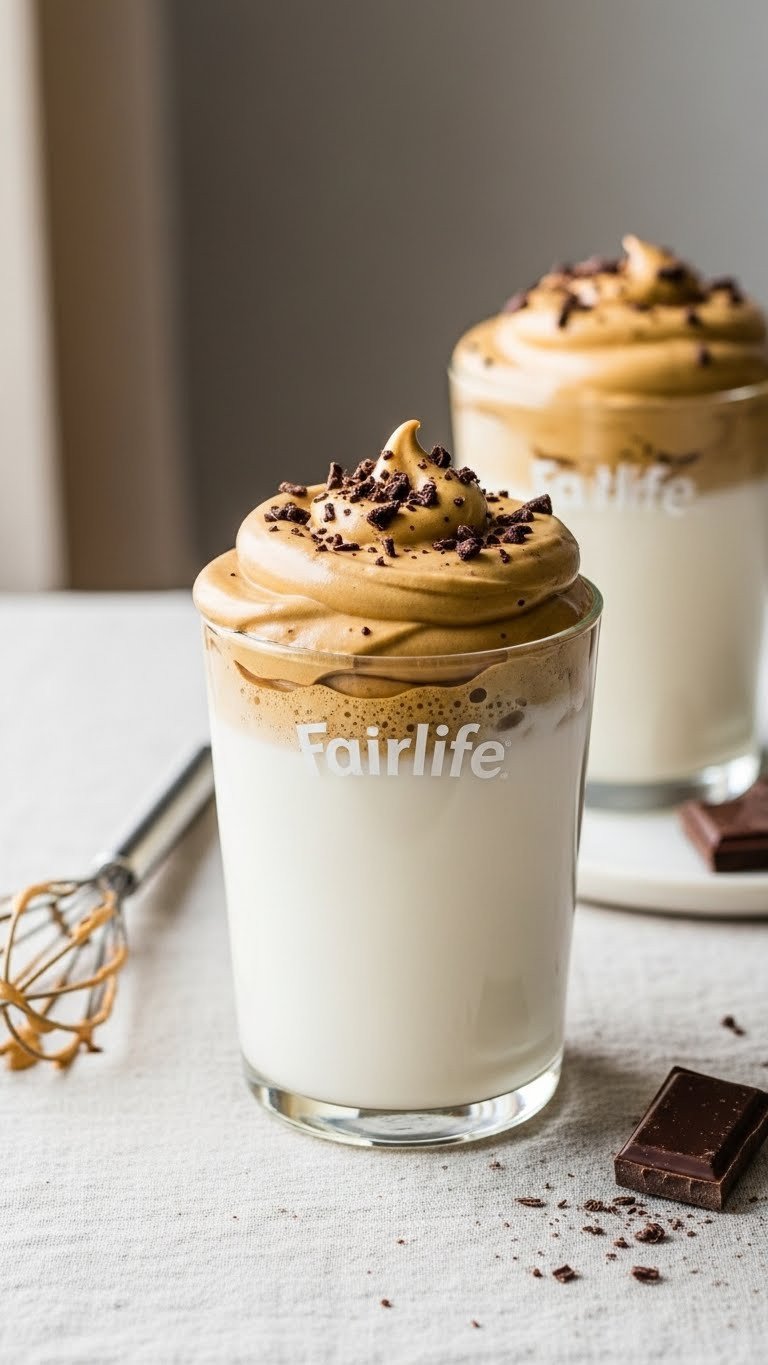 Classic whipped protein dalgona coffee in a glass on a linen tablecloth