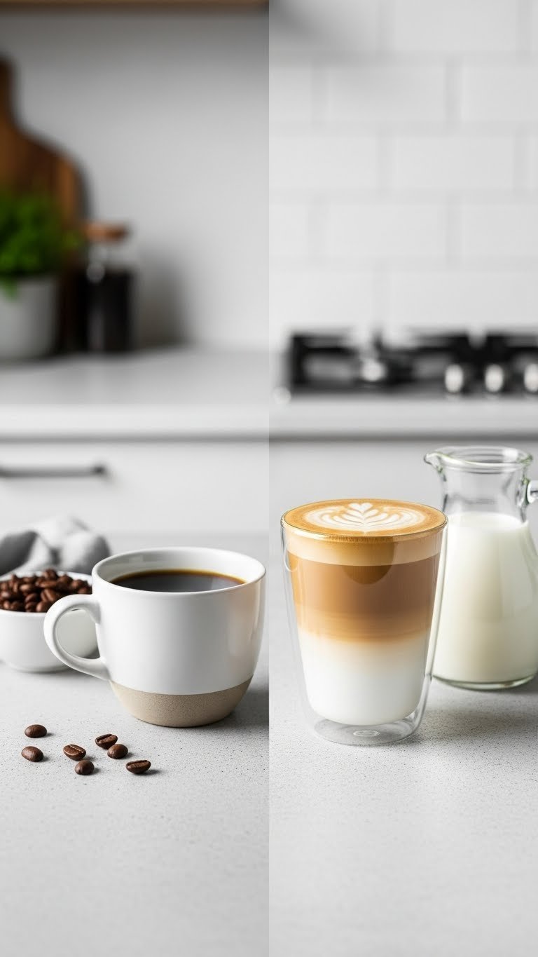 Black Coffee Latte: Master Recipes, Health & Comparison 7 Clean comparison of robust black coffee in minimalist mug versus creamy traditional latte in clear glass highlighting contrast