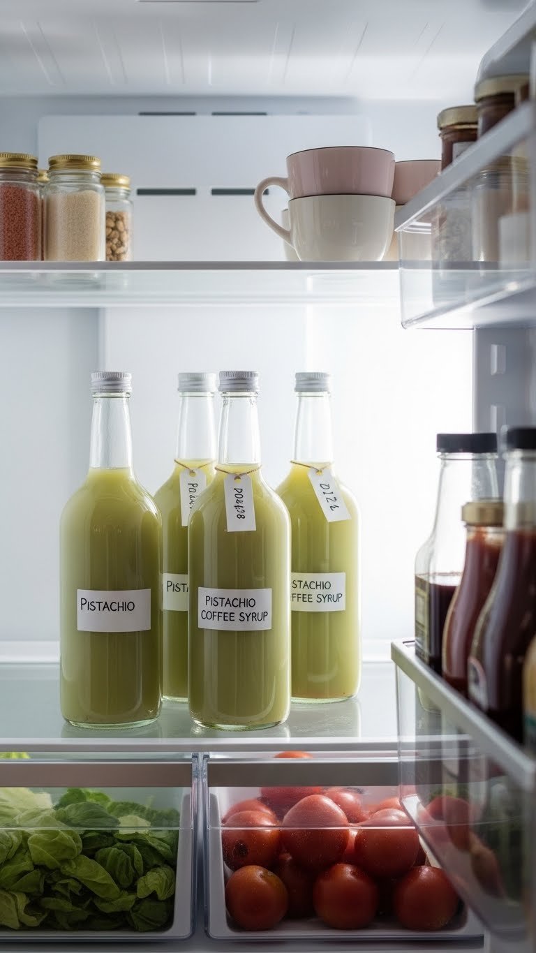 Clean glass syrup bottles filled with pale green pistachio coffee syrup organized inside bright refrigerator storage