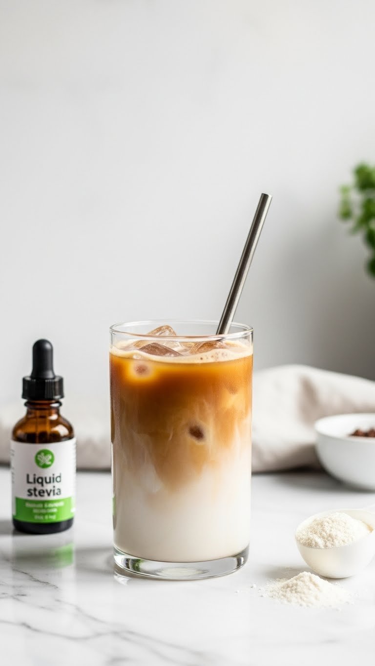 Protein Coffee Blended: Essential Guide for Smooth Energy 13 Clean low-sugar protein coffee in a glass with stevia, protein powder scoop on white marble.