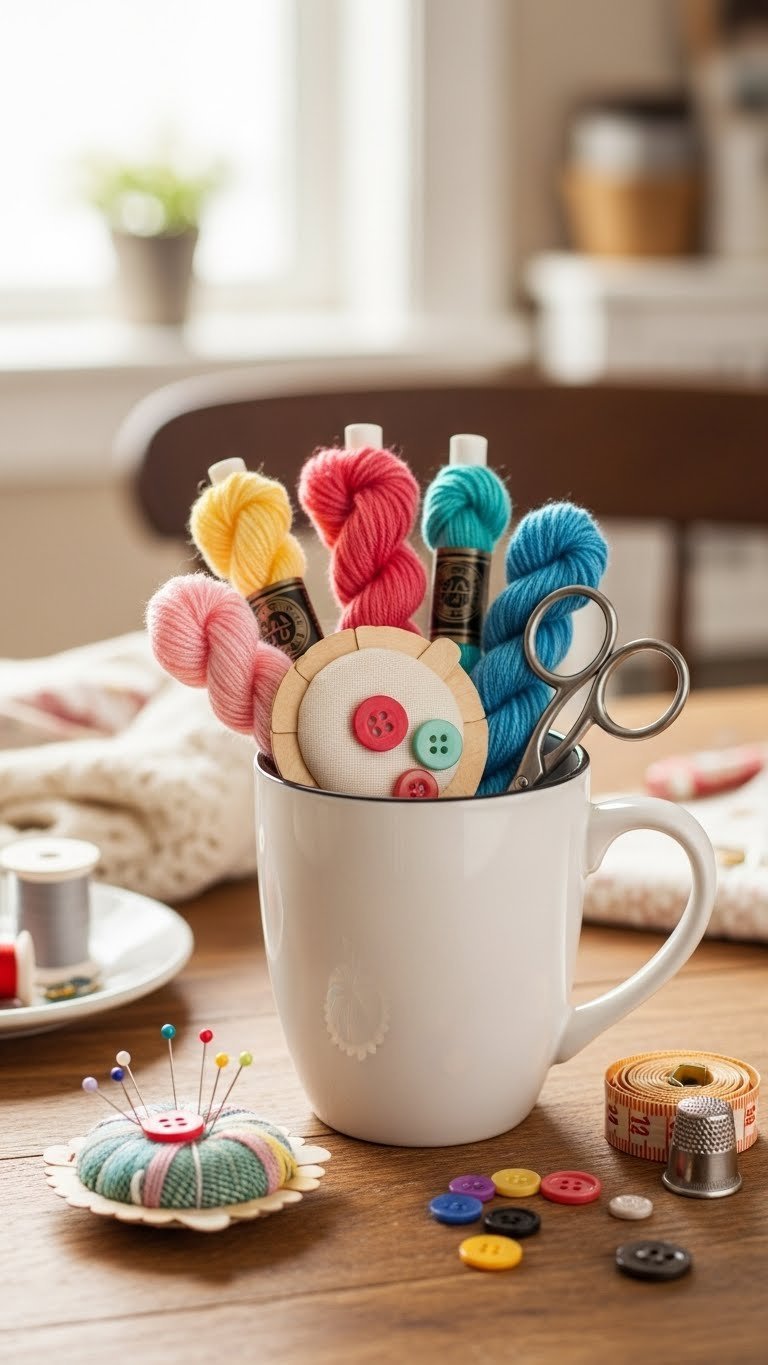 Clean white craft mug filled with colorful yarn skeins, embroidery scissors, buttons, and measuring tape