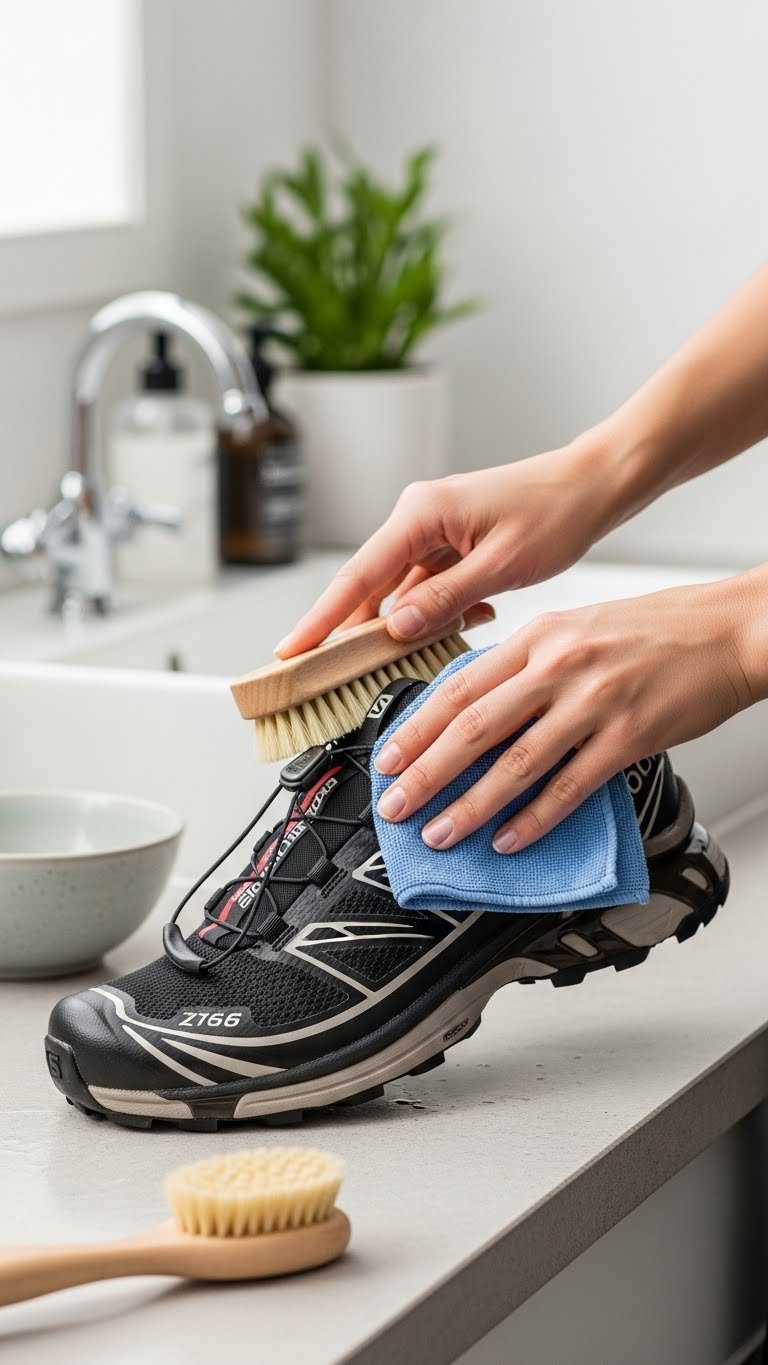 Cleaning process close-up of Salomon XT-6 Black Coffee sneaker with microfiber cloth on clean workbench.
