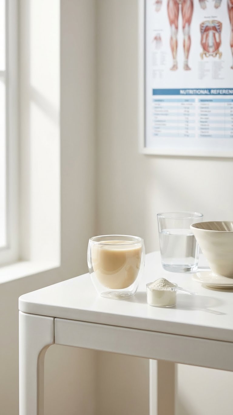 Clear Gastric Sleeve Friendly Zero-Sugar Coffee, high-protein, in a simple glass on a minimalist table.