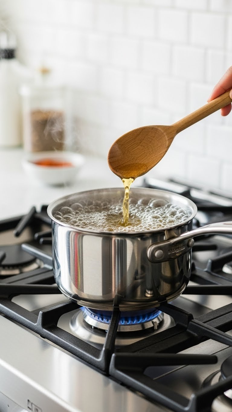 Clear bubbling simple syrup simmering in stainless steel saucepan on modern stovetop with soft natural lighting