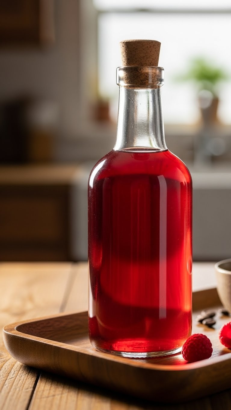 Clear glass bottle filled with ruby-red homemade raspberry coffee syrup resting on rustic wooden tray