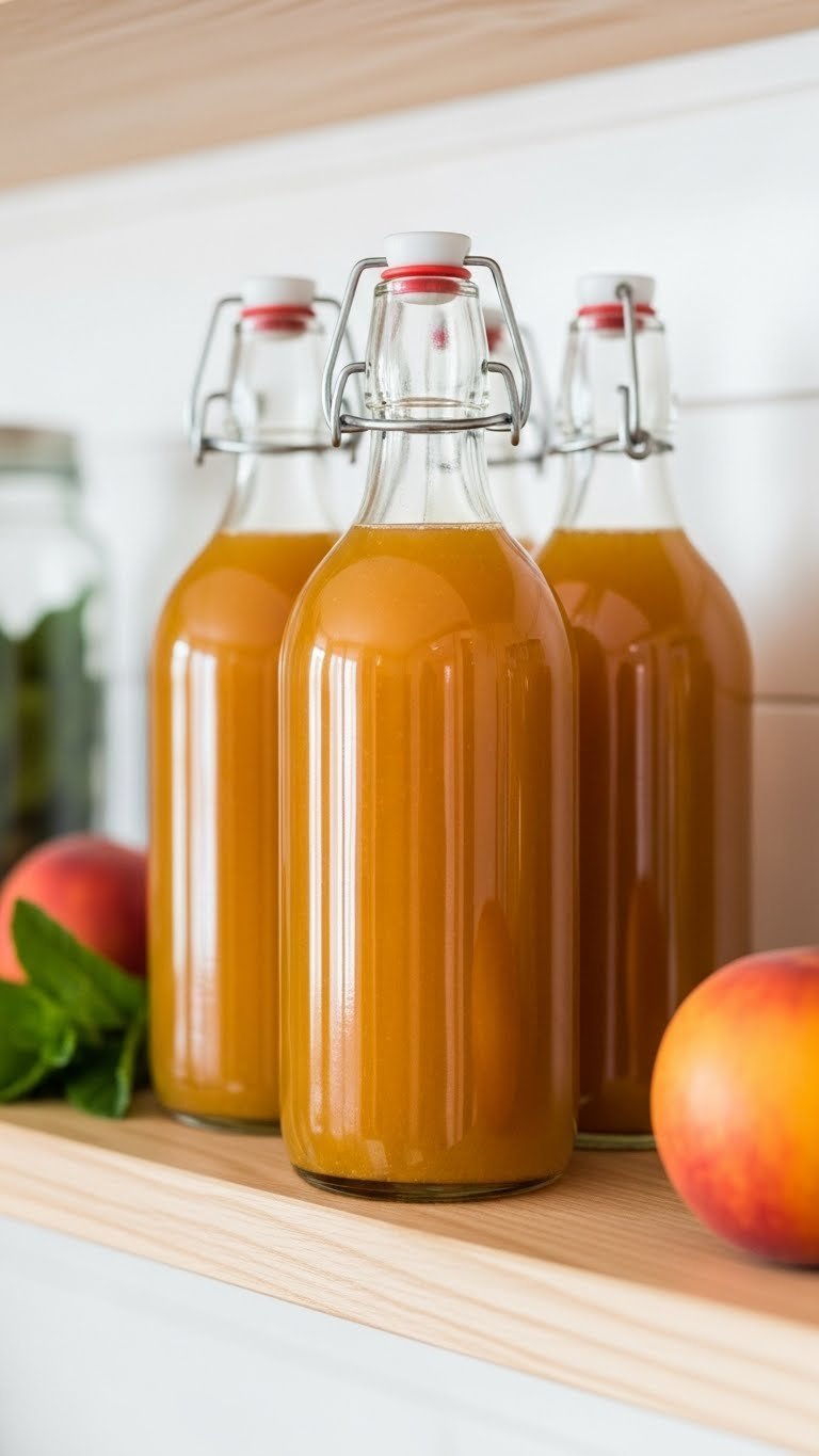 Clear glass bottles filled with homemade peach coffee syrup arranged neatly on light wood shelf