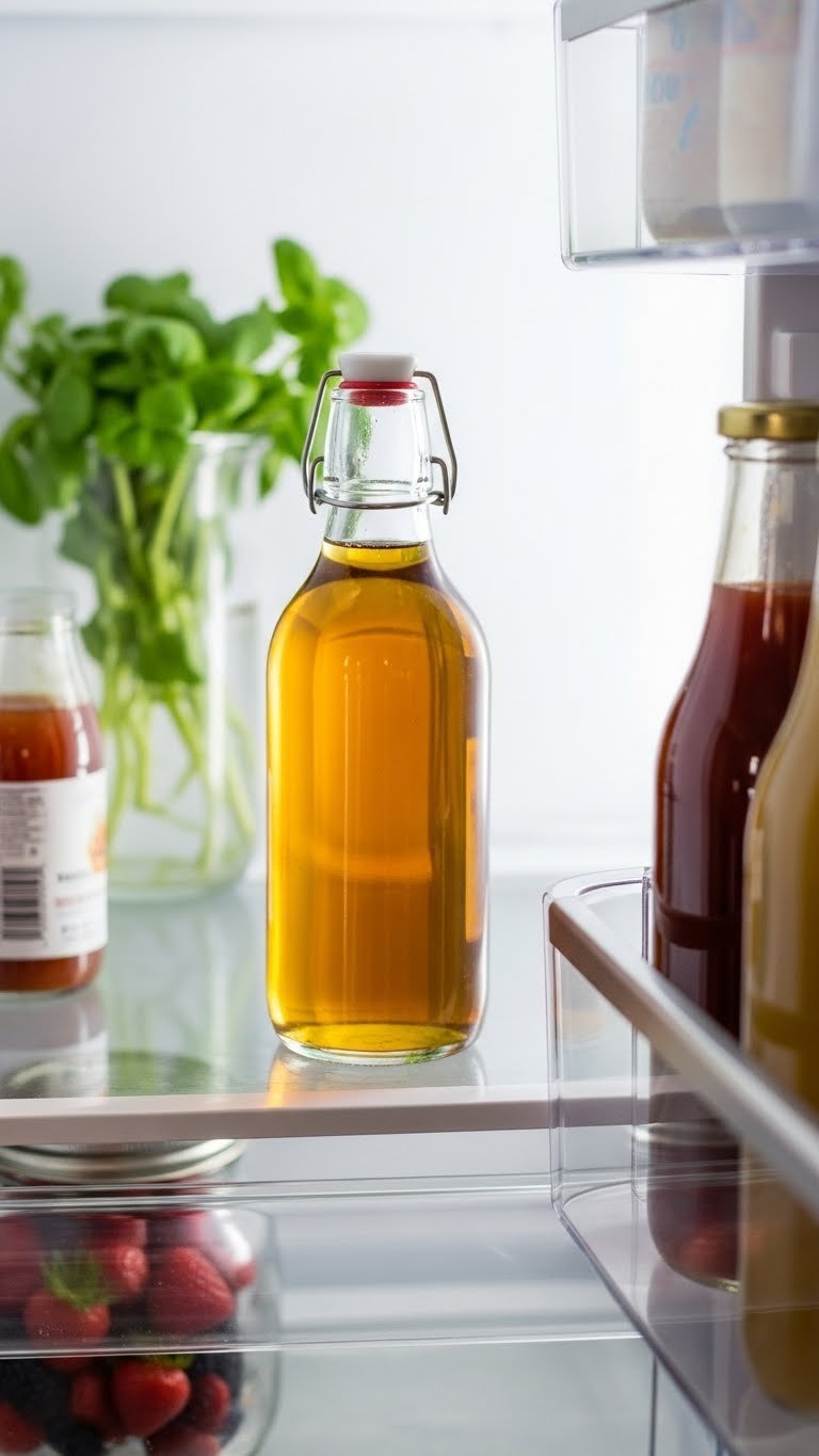 Clear glass bottles of homemade French toast syrup organized in refrigerator door with golden color visible