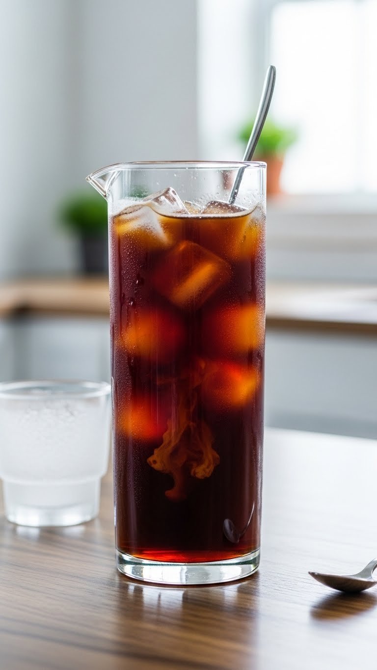 Clear glass carafe with freshly brewed iced coffee swirling around pristine ice cubes showing condensation